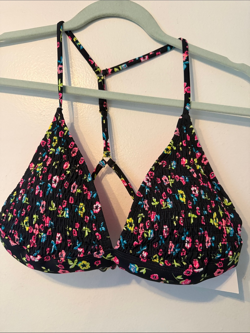 Women's Black Floral Smocked Triangle Swim Top - Pink & Blue Accents